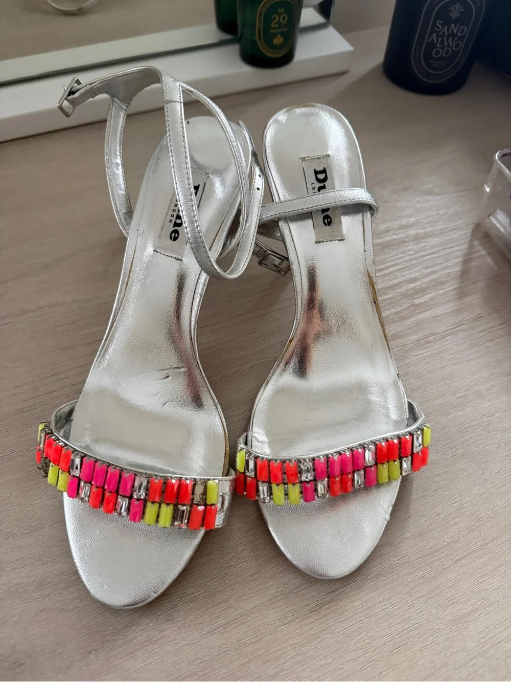 Dune London Silver Metallic Ankle-Strap Heels with Neon Bead Trim